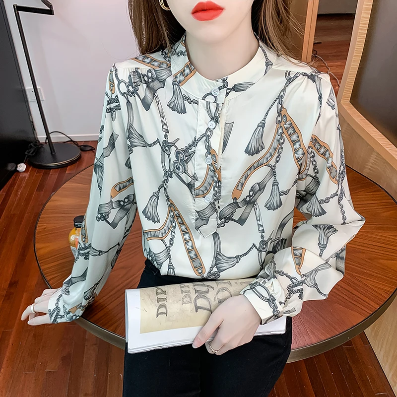 

Chiffon Women's Blouse Print O-neck Shirt Spring Autumn Fashion Casual Long Sleeve Top