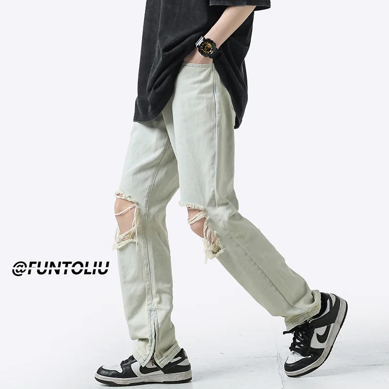 Summer 3 Color Ripped Baggy Jeans Men's Fashion Casual Hole Straight Jeans Streetwear Hip Hop Loose Denim Pants Mens Trousers