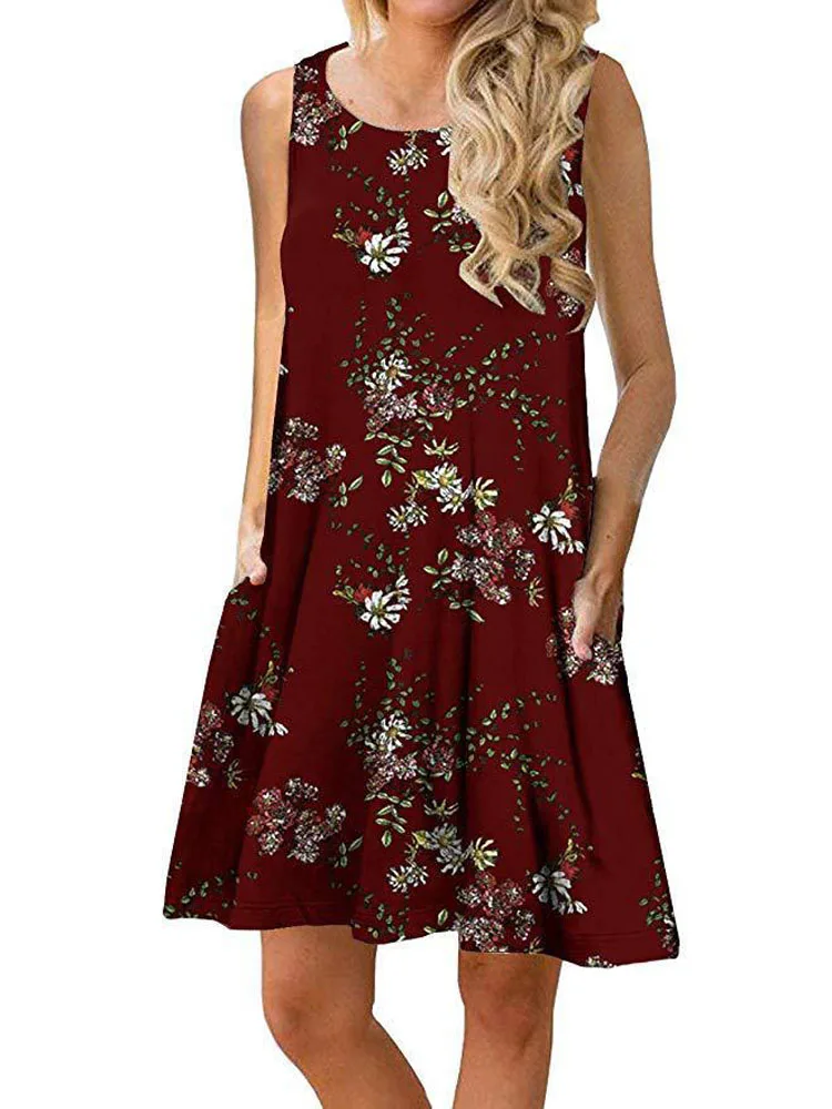 

Summer Casual Mini Dress Vacation Floral Print Round Neck Sleeveless Beach Loose Pockets Dresses for Women Female Clothing