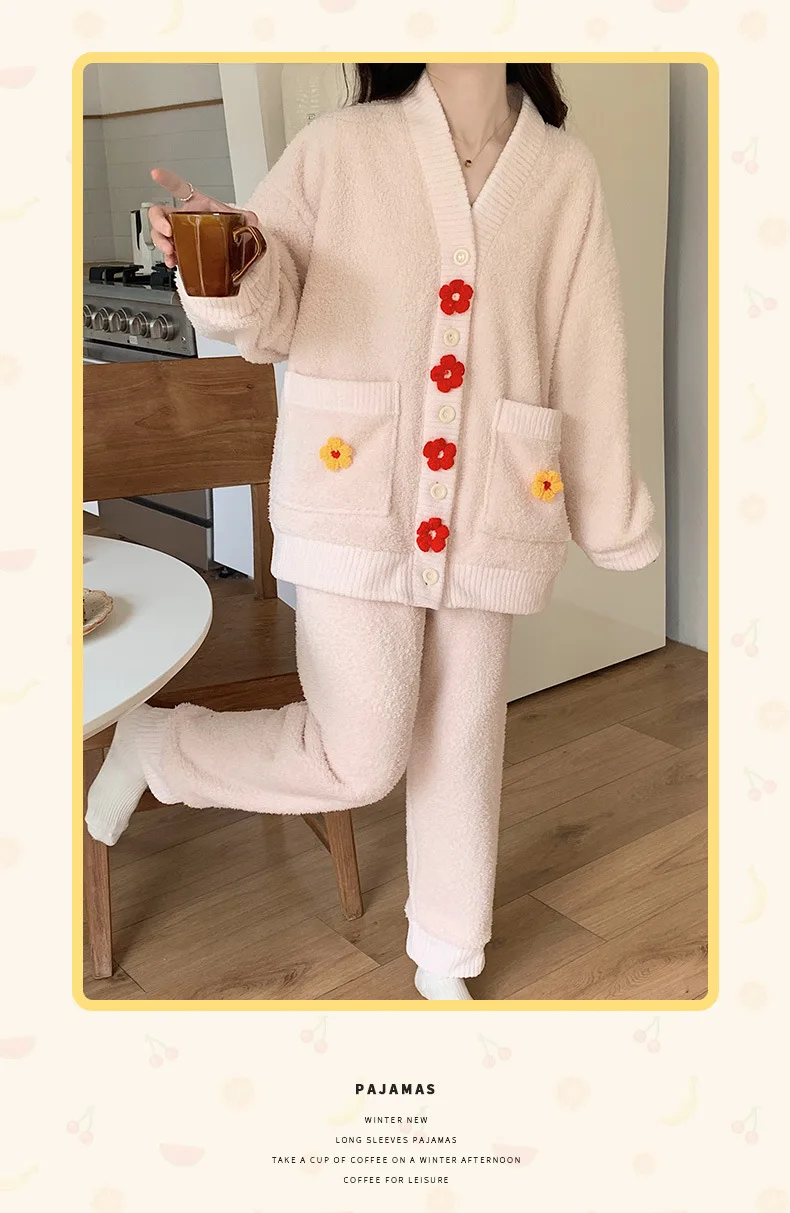 Yasuk Winter Women Girl Casual Warm Soft Sleepwear Pajamas With Pant Velvet Fleecel Cute Thick Pocket Flower Gentle