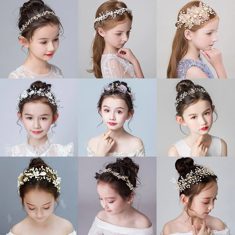 Handmade Gold Silver Color Fashion Headband Crystal Pearl Flower Hairband Wedding Hair Jewelry Leaves Kid Child Head Accessories