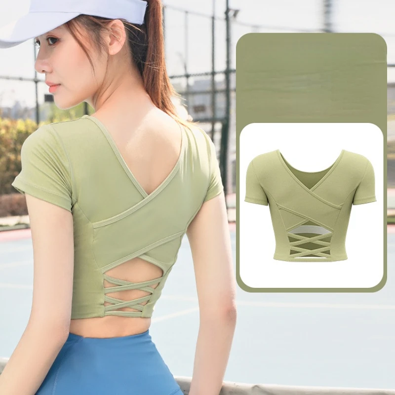 

Sports T-shirt Short Sleeve Gym Crop Top Women Naked-feel Beauty Back Cross Sports Shirts With Paded Stretchy Quick Dry Clothing