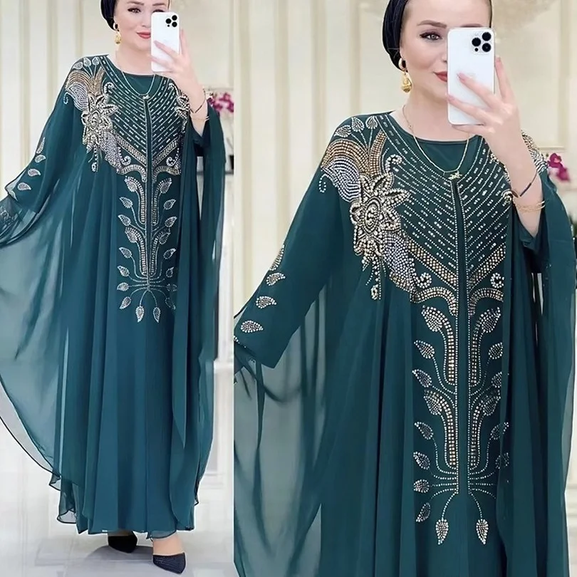 

New African Dashiki Women's Fashion Abaya Stylish Chiffon Fabrics Hot Drilling Loose Long Dress Free Size + Inside