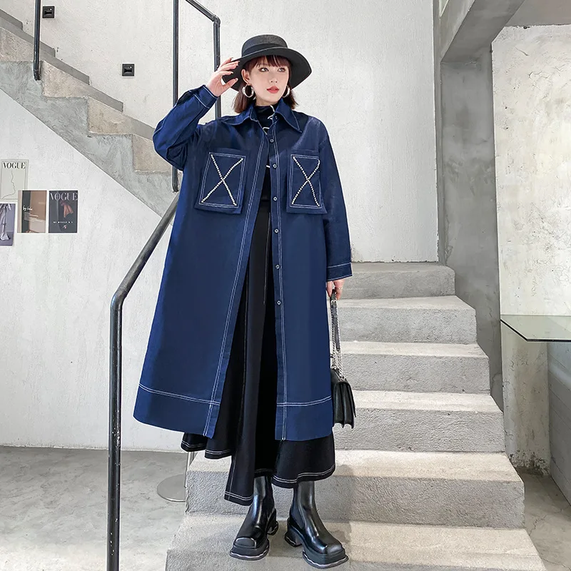 

SuperAen Retro Oversized Women's Denim Trench 2022 Autumn Loose Casual Design Korean Style Lapel Trench Coat