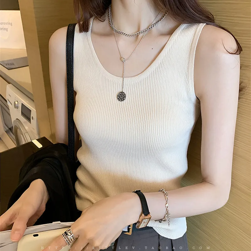 

Knit Tops Knitwears Ice Cool Silk Knitted Strap Tank Top Spring Summer Sleeveless Top Inner Layup Fashion Sweater Woman Vest