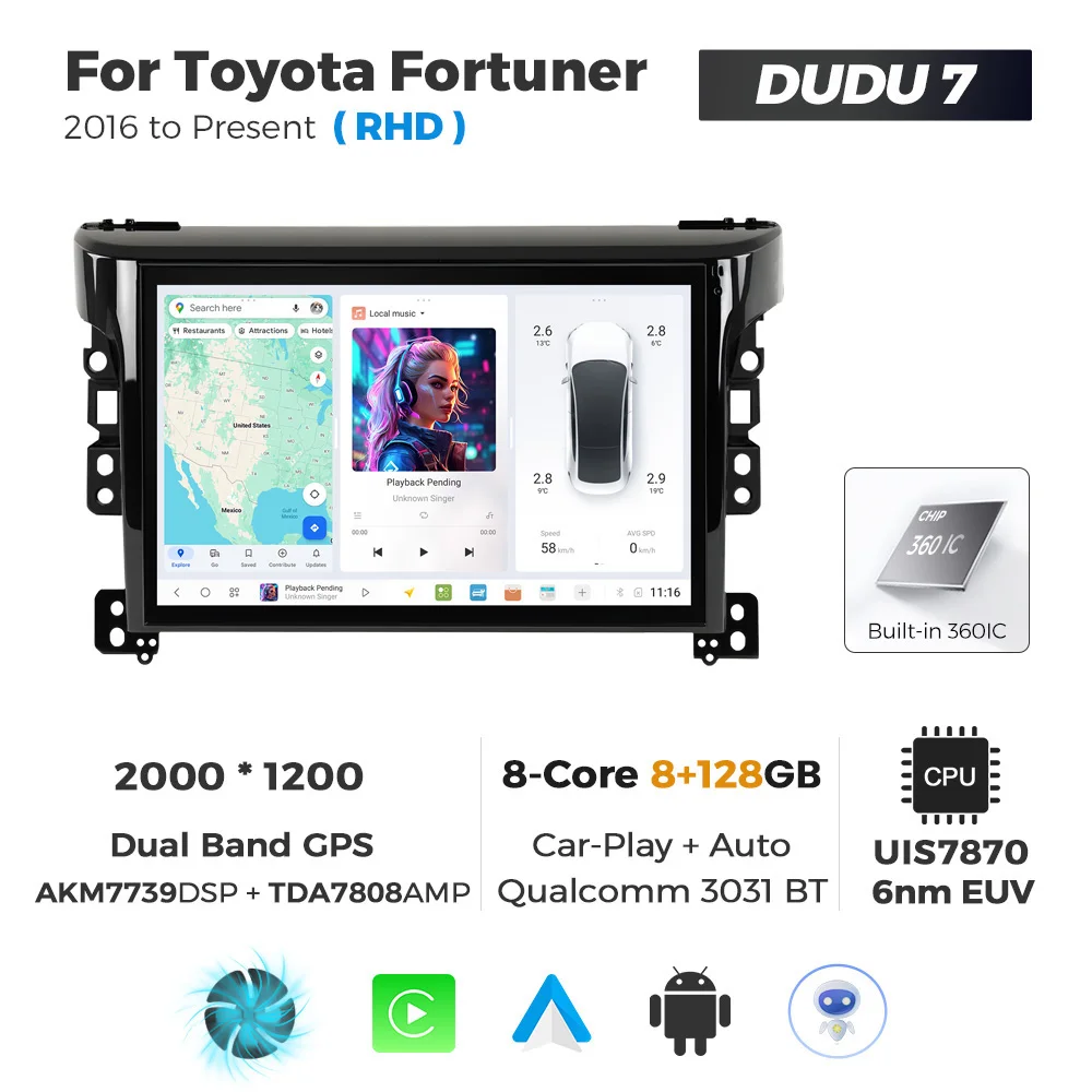 Фото Автомагнитола DUDUAUTO DUDU7 7870 с экраном 11.5 дюймов (2000*1200), Wi-Fi, 4G, для Toyota Fortuner 2016 с поддержкой CarPlay и Android Auto №3
