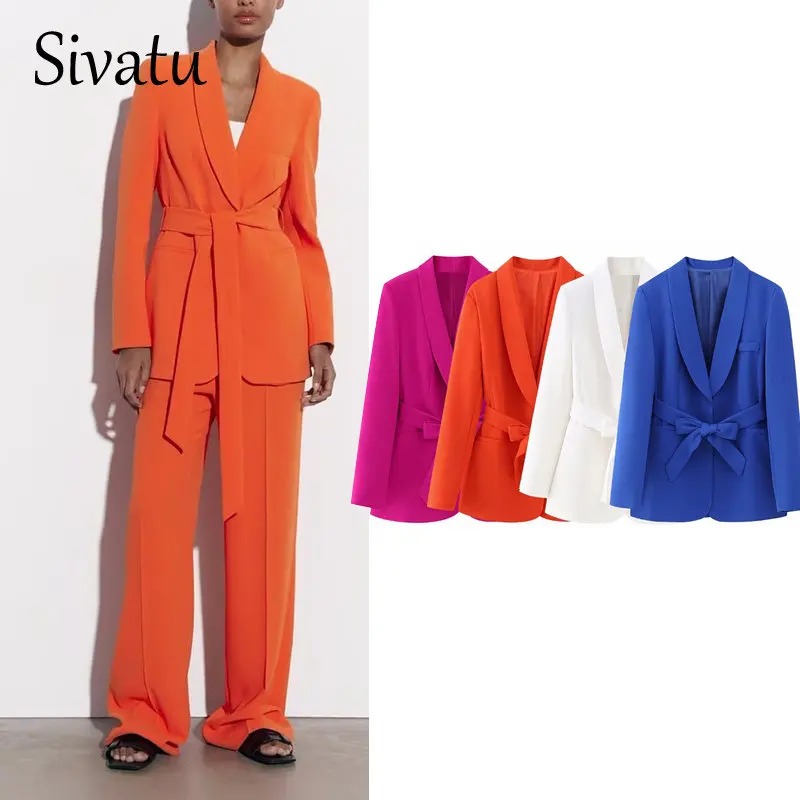 

Sitvatu TRAF Women 2023 Elegant Blazer Suits Sets Fashion Long Sleeve Jacket with Belt Solid High Waisted Baggy Wide Leg Pants