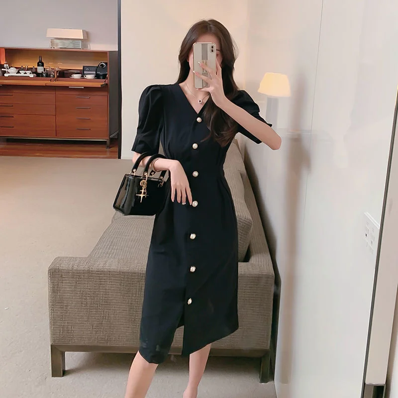 

Summer French New Elegance Women V-neck Single Breasted Bubble Sleeve Temperament Mid Length A-line Skinny Dress
