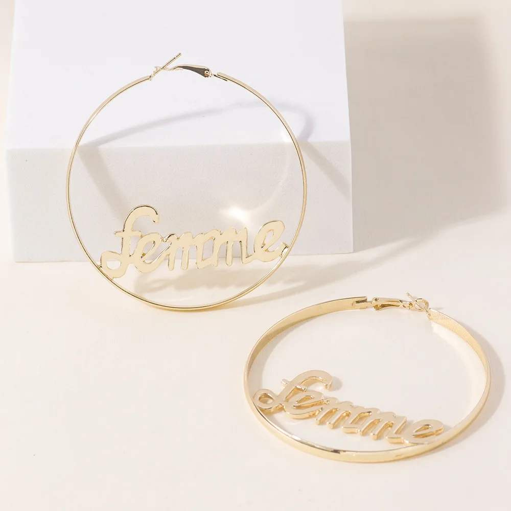 

Personality INS Pop Studs Exaggerated Silver Color Earrings Large Circle Cutout Lettered Femme Earrings Women Ear Accessories