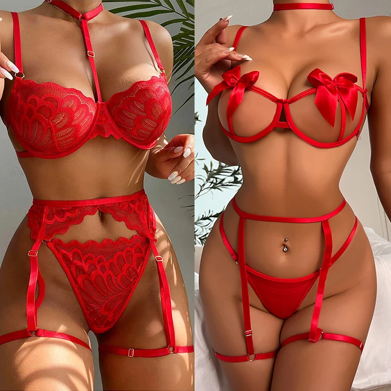 

Эротическое сексуальное нижнее белье для женщин, кружевное нижнее белье, 3 шт., бюстгальтер, трусики, подвязки, сексуальный боди, женская оде...