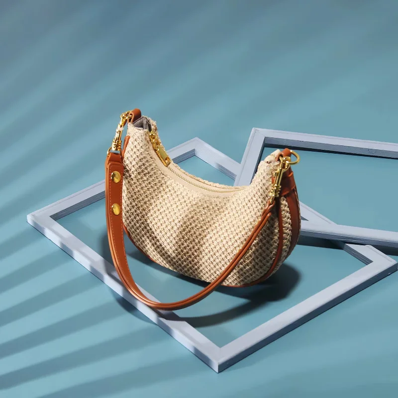

Summer Straw Woven Shoulder Purse for Women 2023 Fashion Half Moon Top Handle Handbag Lightweight Sling Beach Travel Bag