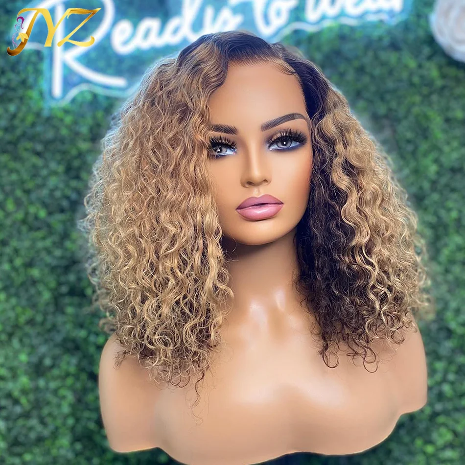 

Honey Blonde Colored Seamless Curly Lace Front Wig #27 Highlight Remy Human Hair 3B 3C Curl Edge Lace Closure Wig Natural JYZ