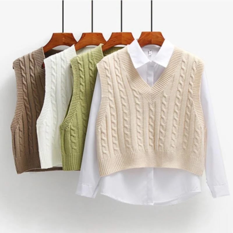 2023 Women Short Knitted Sweater Sleeveless Women Loose Sweater Vest Ladies V-Neck Pullover Tank Tops Waistcoat Female Coats
