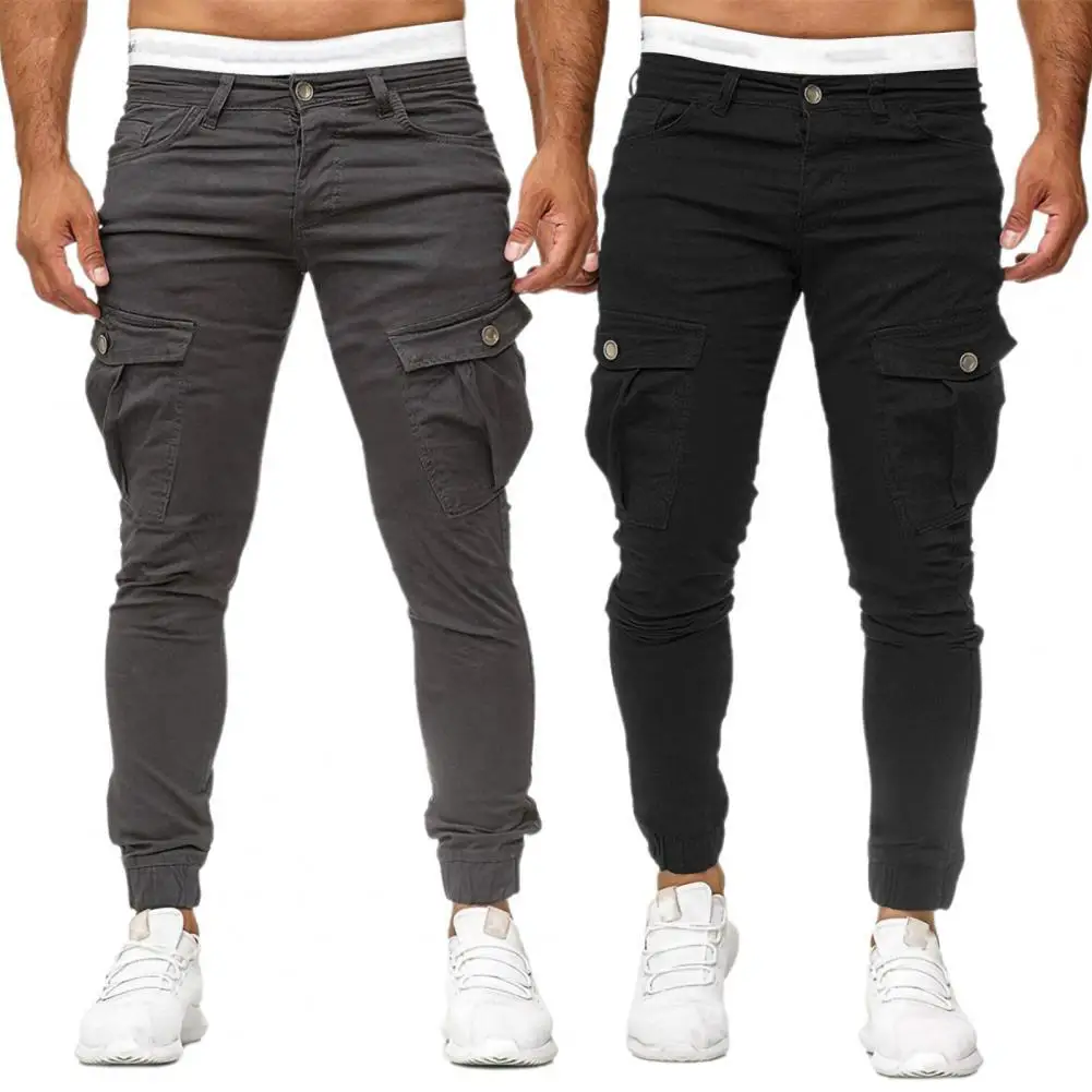 

Skinny Cargo Pants Pockets No Pilling 4 Colors Men Leisure Long Cargo Pants