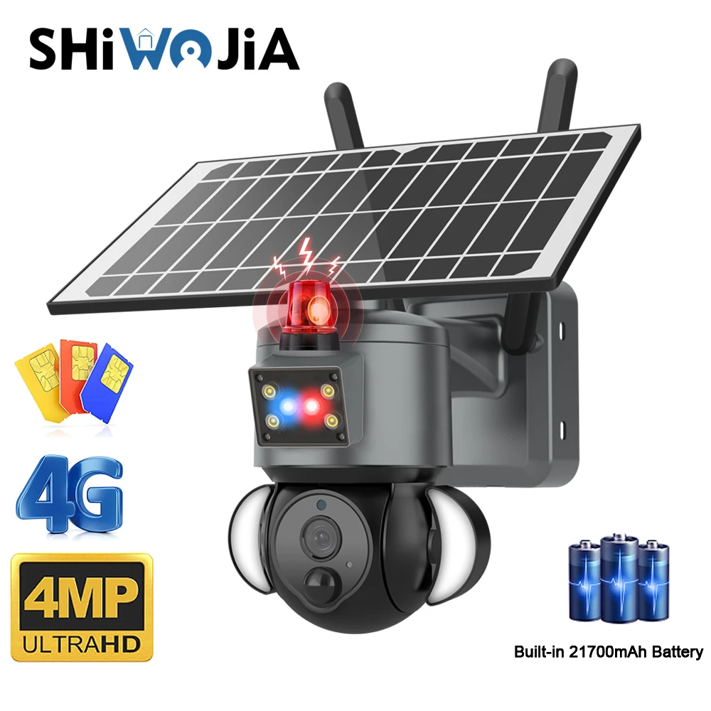 

SHIWOJIA 4G Solar Camera Outdoor Solar Panel 3MP/4MP HD WIFI Wireless Security CCTV 21000mAh Battery with Anti-theft Siren Alarm