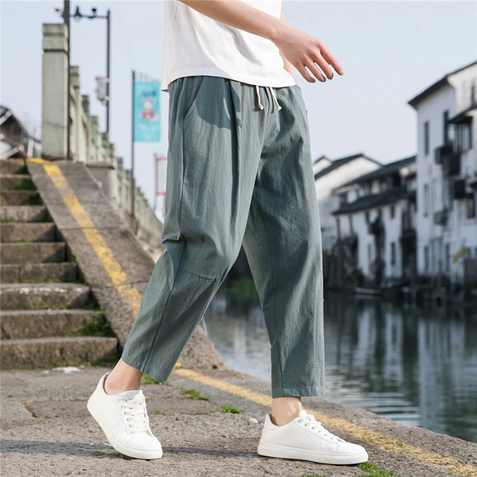 

Flat Front Mens Spring And Summer Casual Pants Mens Wild Cotton And Loose Pants Korean Version Trend Pants Straight Tube