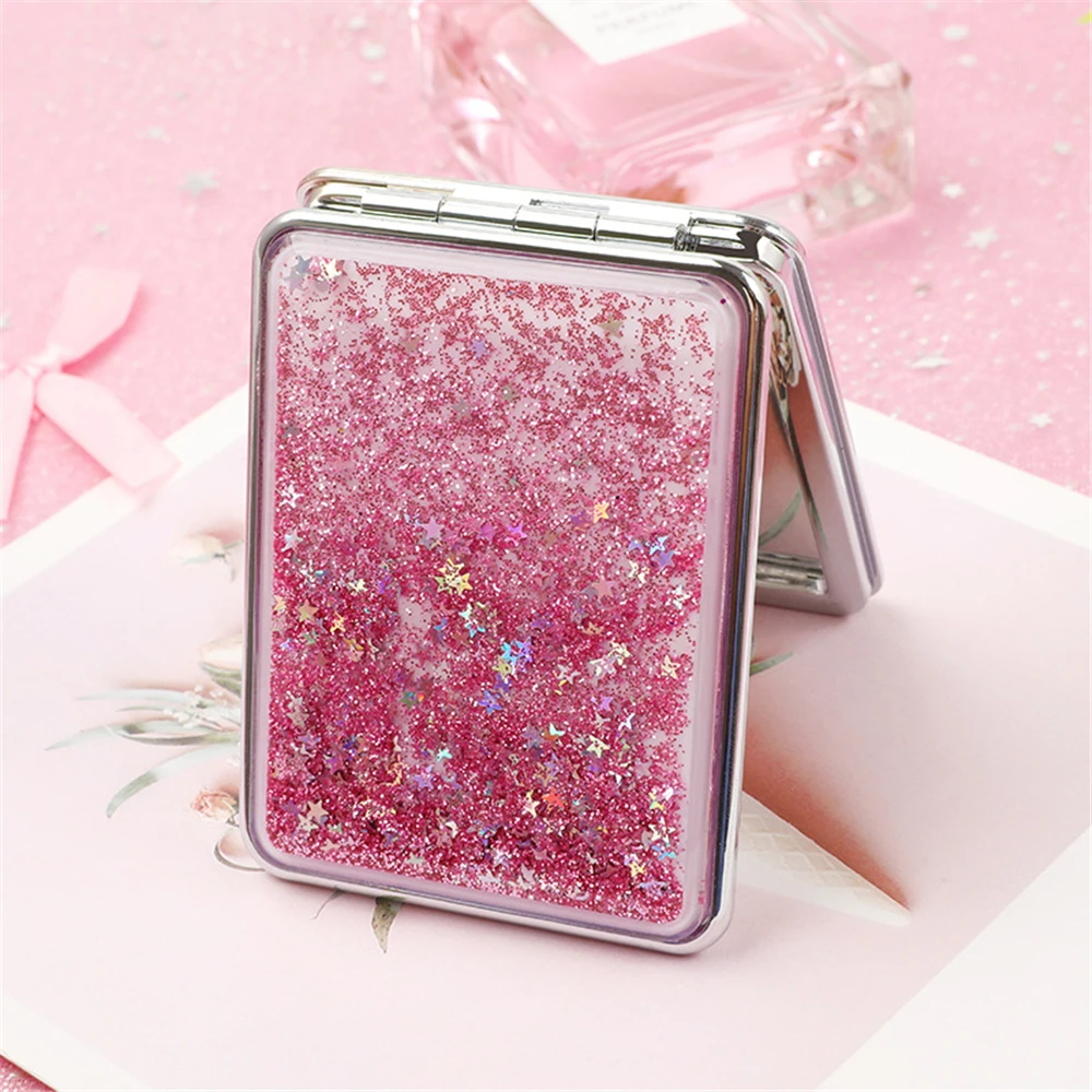 

Shiny Quicksand Makeup Mirror Portable Magnifying Hand Square Makeup Standing Vanity Foldable Pocket Mirror Cute Compact Girls