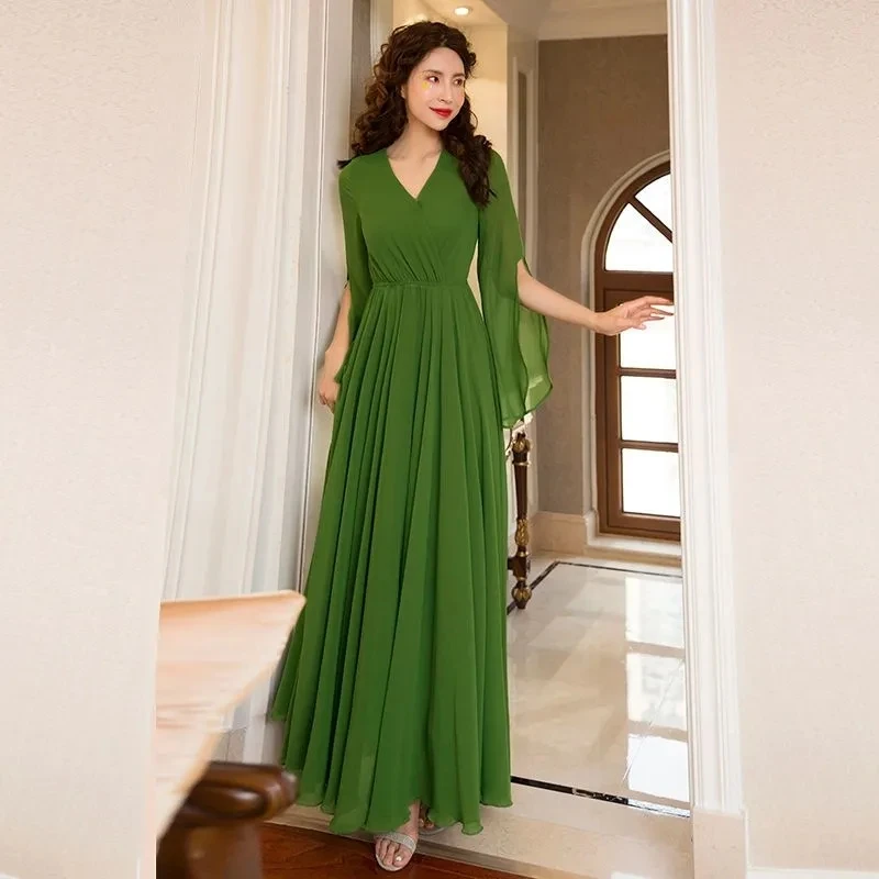 Винтажное Зеленое Шифоновое Платье макси летнее женское платье 2024 повседневные