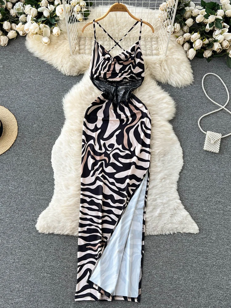 

YuooMuoo Europe Fashion Women Sexy Leopard Long Maxi Dress Backless High Waist Lace Corset High Split Party Dress Robe Femme