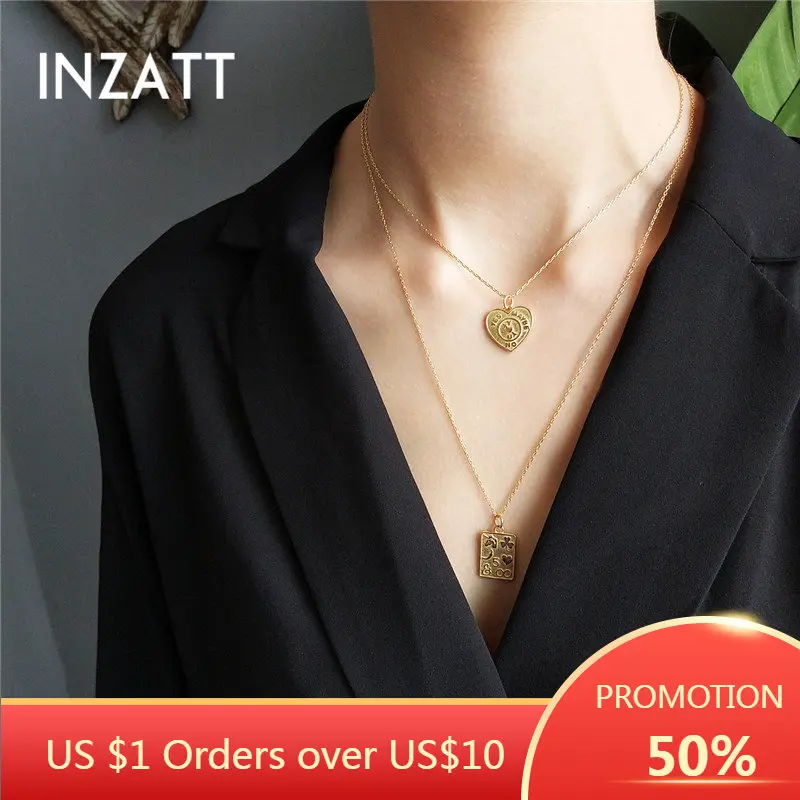 

INZATT Vintage Geometric Gold Heart Square Pendant Necklace 925 Sterling Silver FINE Jewelry 45CM 55CM Chain For Women Gift