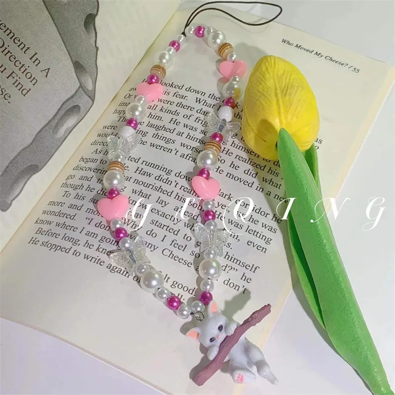 

Geometric Irregular Heart Acrylic Beaded Lanyard Creative Exquisite Cat Pendant Mobile Phone Chain Of Female Jewelry Accessories
