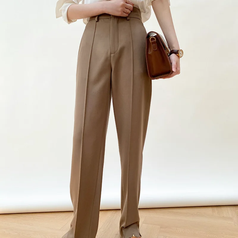2023 Spring New Mid-seam Side Slit Straight High Waist Suit Trousers Long Legged Skinny Dragging Trousers