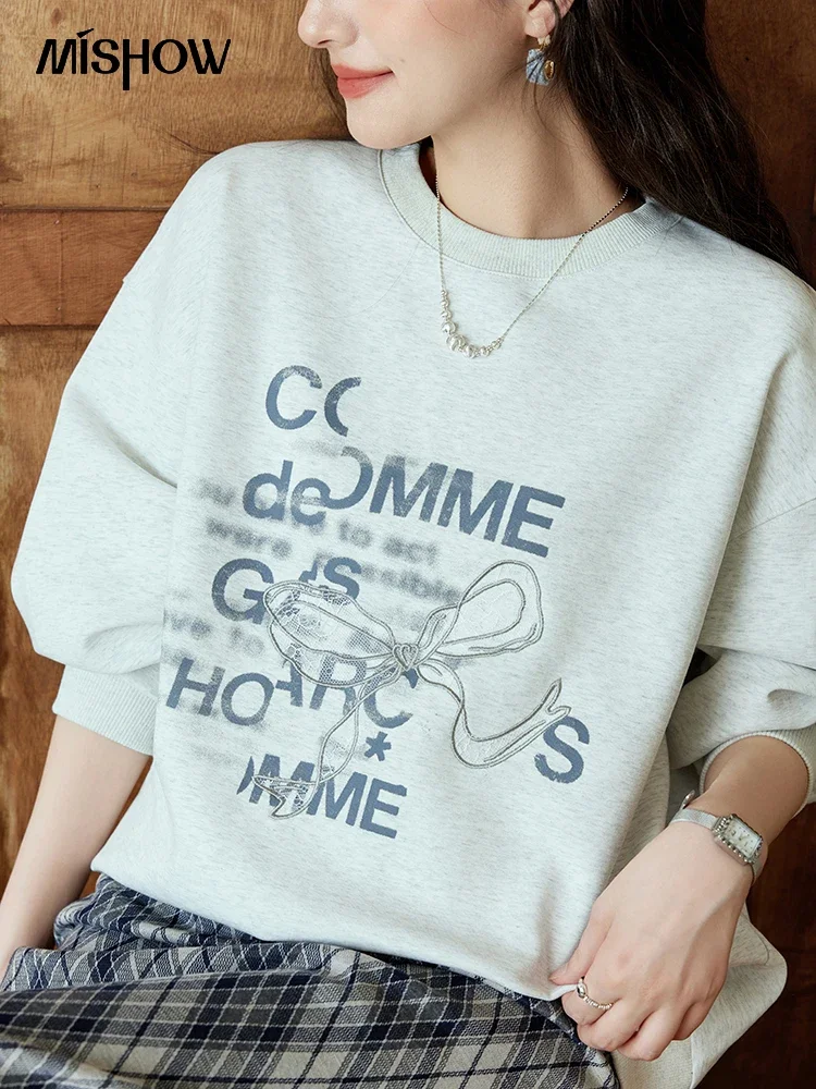 Женская толстовка MISHOW в стиле ретро с круглым вырезом и бантом осень 2024 пуловеры