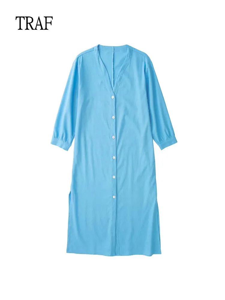 

TRAF Women Long Shirt Dress 2022 Fashion Cotton Linen Casual Dress Woman Vintage Loose Midi Dresses Ladies Maxi Casual Dresses