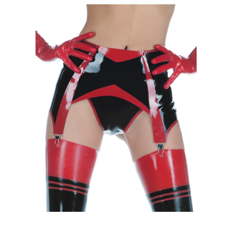 

Latex Catsuit Gummi Rubber Stocking Suspender Garter Black with Red Trim Back Button Customized 0.4mm (no briefs)