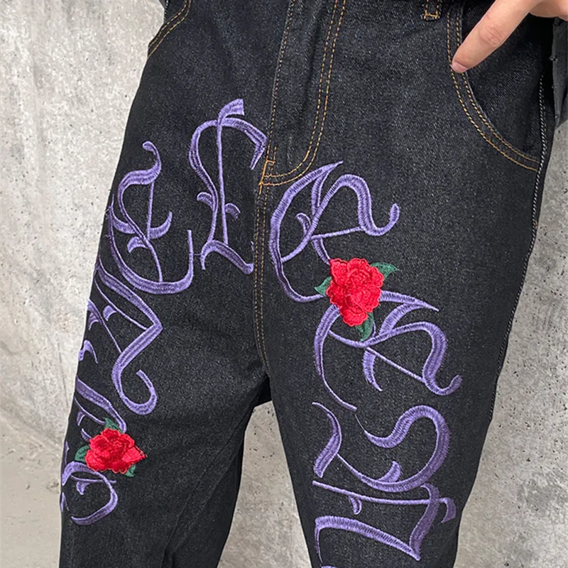 2022 New Fashion Rose Embroidery Black Baggy Jeans For Men Y2K Pants Straight Hip Hop Harajuku Denim Trousers Pantalones Hombre