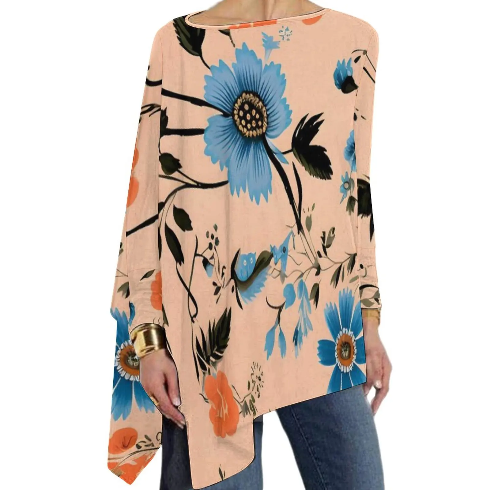 

Винтажная футболка с цветочным принтом, синие и розовые Симпатичные футболки с длинным рукавом, корейская мода, футболка большого размера, женская дизайнерская одежда в подарок