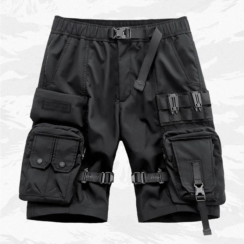 

High Street Cargo Techwear Black Shorts Summer Hip Hop Streetwear Short Pants For Male Multi Pockets