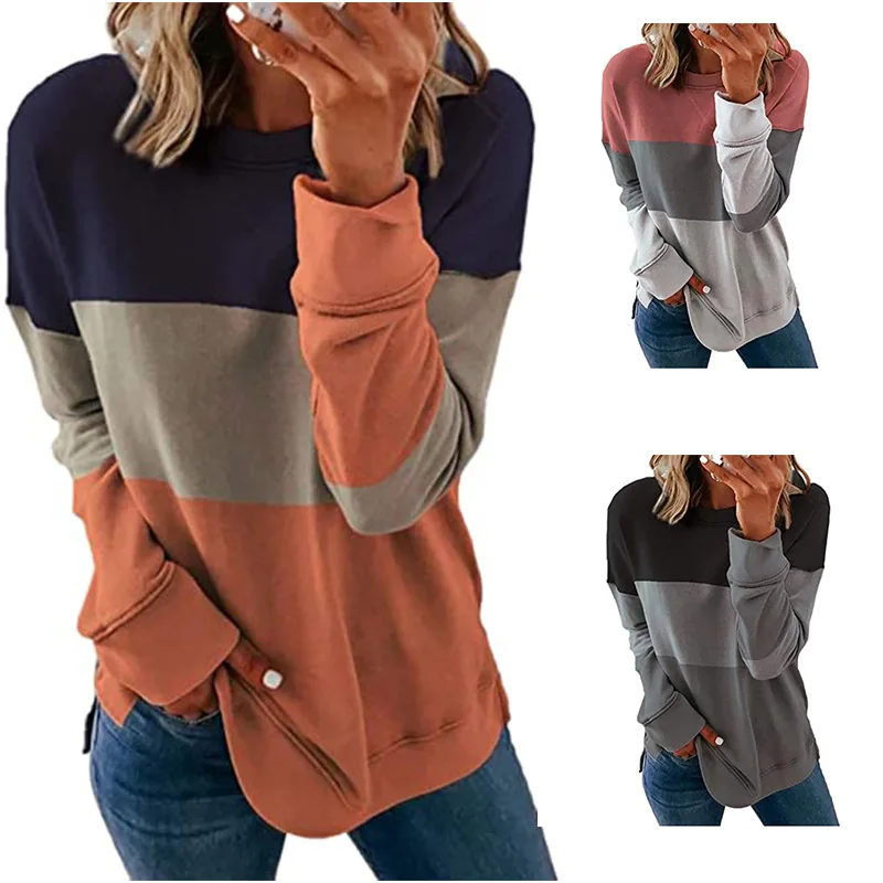 2022 Women Sweater Splicing Neckline Sweater Round Neck Sweater Long Sleeve Casual Sweater Plaid Sweater