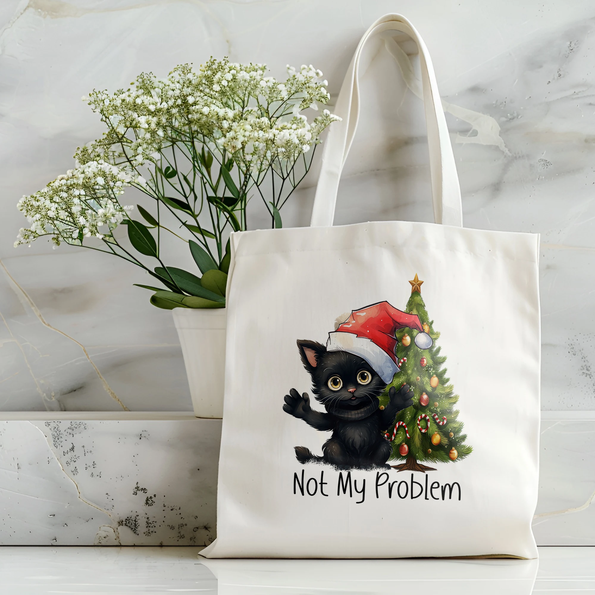 Забавная рождественская женская сумка на плечо с котом парусиновая большая