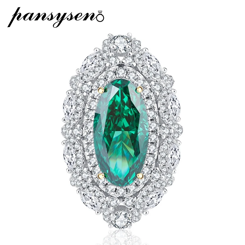 PANSYSEN Luxury 925 Sterling Silver 8*16MM Oval Cut Emerald Amethyst Gemstone Cocktail Rings for Women Fine Jewelry Wholesale