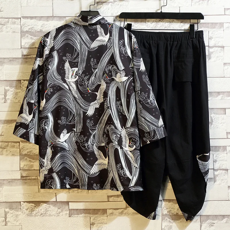 Print Crane Men Black Pajamas Sets 2PCS Cotton Kimono Robe Chinese Style Summer New Cardigan Suit Lingerie Home Clothes