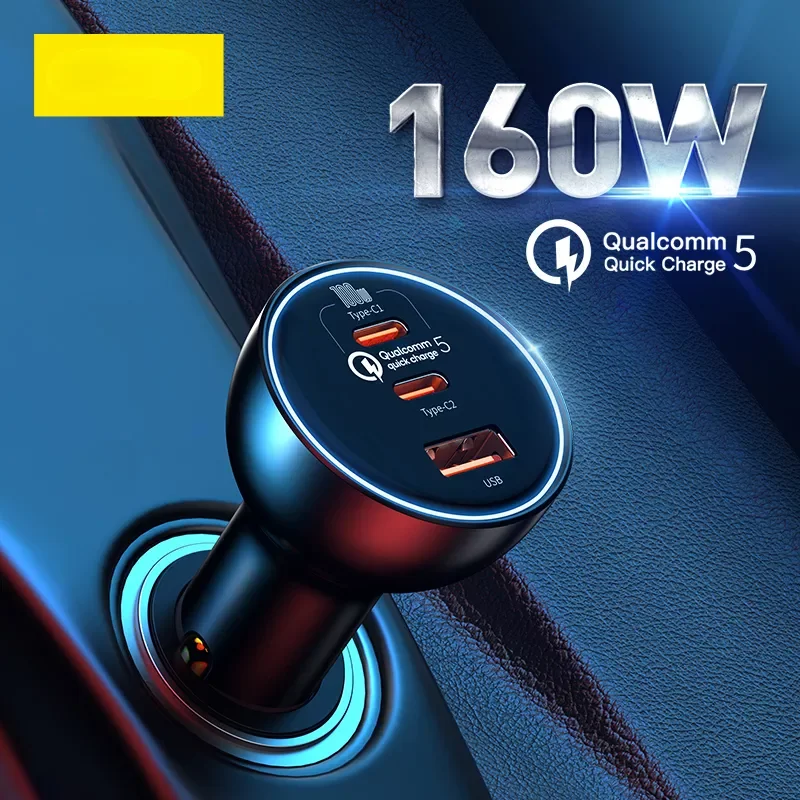 

NEW2023 160W Car Charger QC 5.0 Quick Charging PPS PD3.0 Fast USB Type C Car Phone Charge 13 12 Pro Laptops Tablets