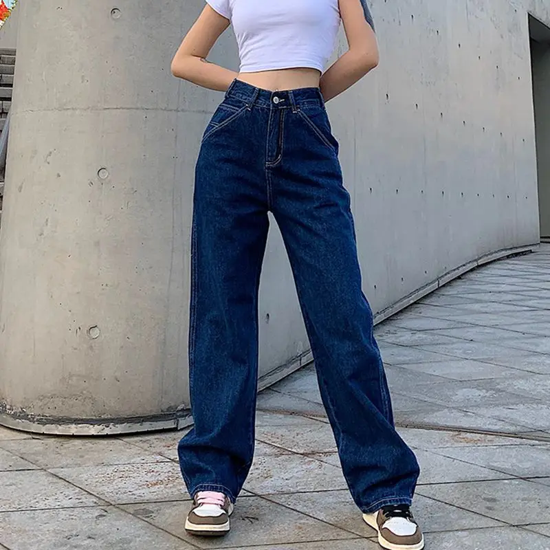 

Retro Blue Woman Jeans Causal Loose Baggy High Waist Skinny Pockets Cargo Pants Zipper Button Wide Leg Jeans Mujer Pantalones