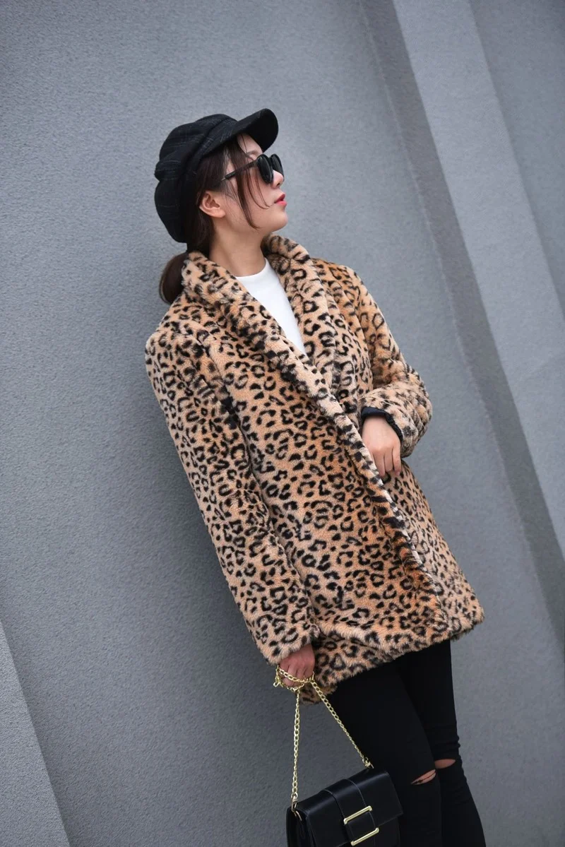 Leopard Faux Fur Coats Women Fashion Warm Lapel Mid-Length Outwears Autumn Winter Thick Casual Commute Big Pocket Chic Outcoats