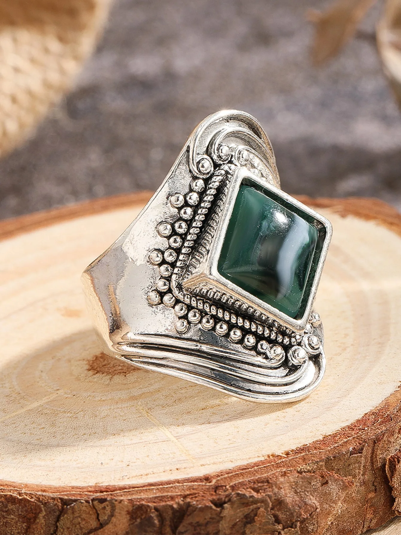 

European and American retro carved natural turquoise alloy ring