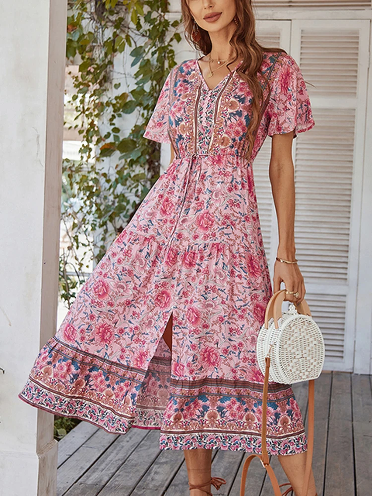 

Spring Summer Daily Beach Midi Vestidos Bohemian Style Flare Short Sleeve V-neck Print Slit Dress For Women
