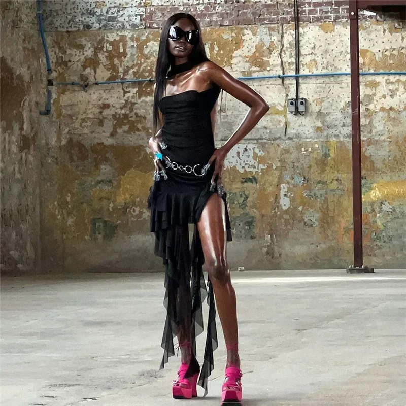 

Black Ruffle Mini Dress for Women Sexy Halter Backless Bodycon Dresses Fashion Irregular Sleevelesss Club Party Outfits 2023