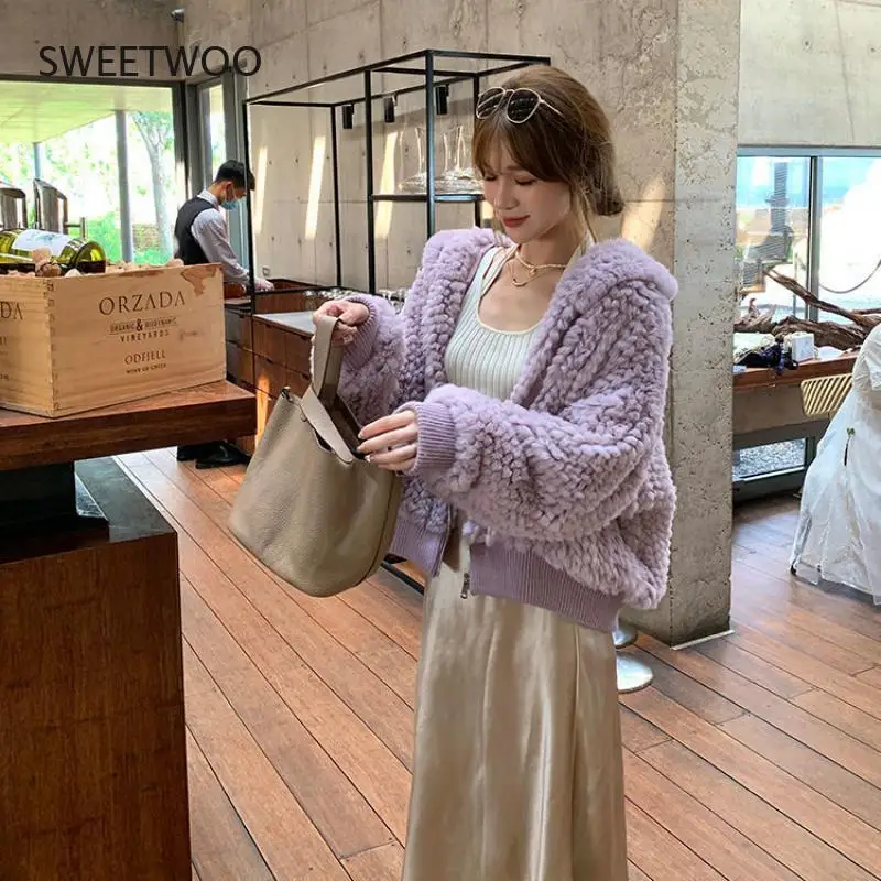 Women Short Jacket with Hood Knitted Generic Rabbit Fur Coat Autumn Winter Spring Sweater Femme Full Sleeve Outwear Slim Tide