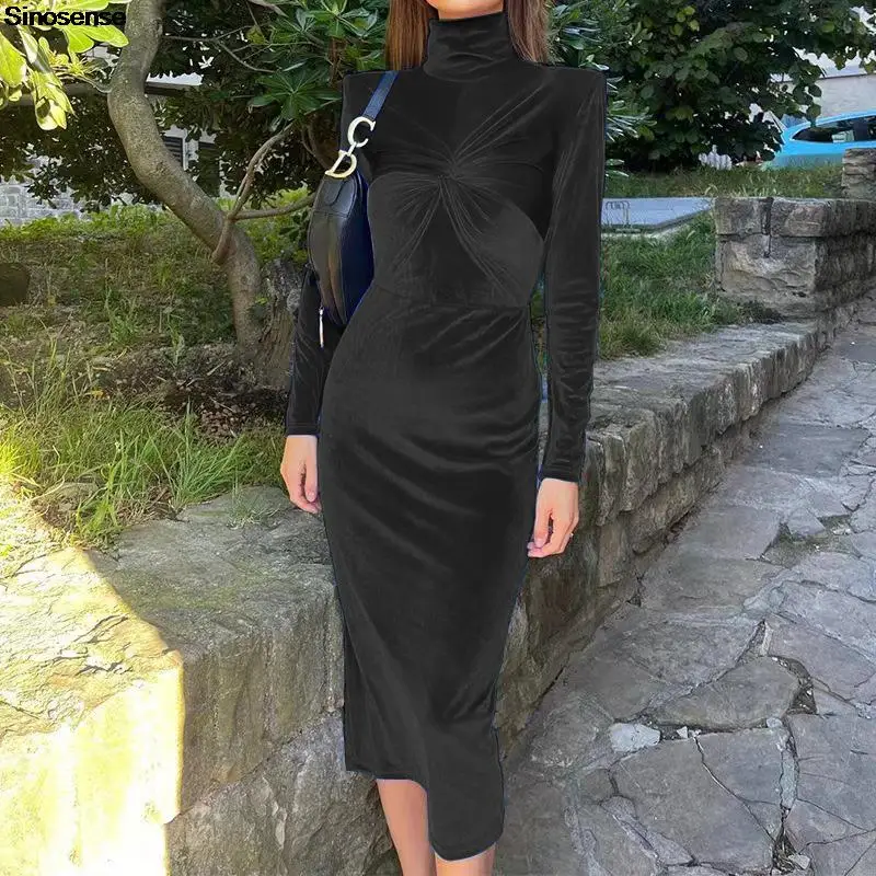 

Women Autumn Velvet Dress Turtleneck Long Sleeve Ruched Bodycon Slim Cocktail Dress Elegant Long Evening Party Maxi Dress 3XL