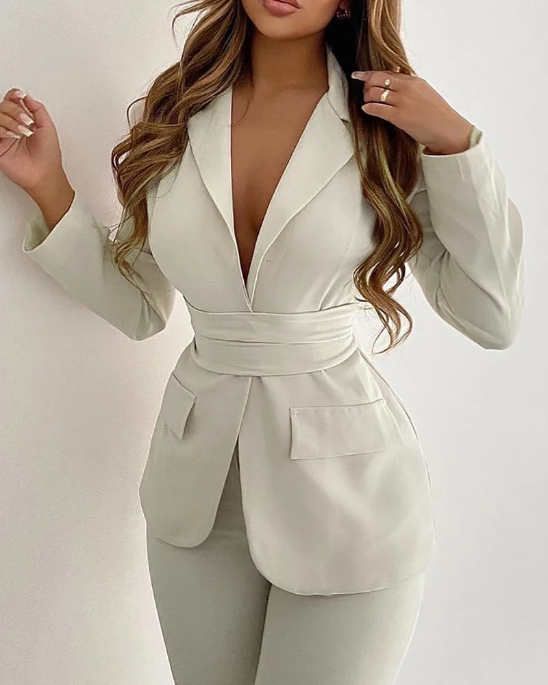 

Elegant Work Blazer Jacket Women Autumn New Pocket Decor Long Sleeve with Belt Blazer Coat 2022 Fashion Female