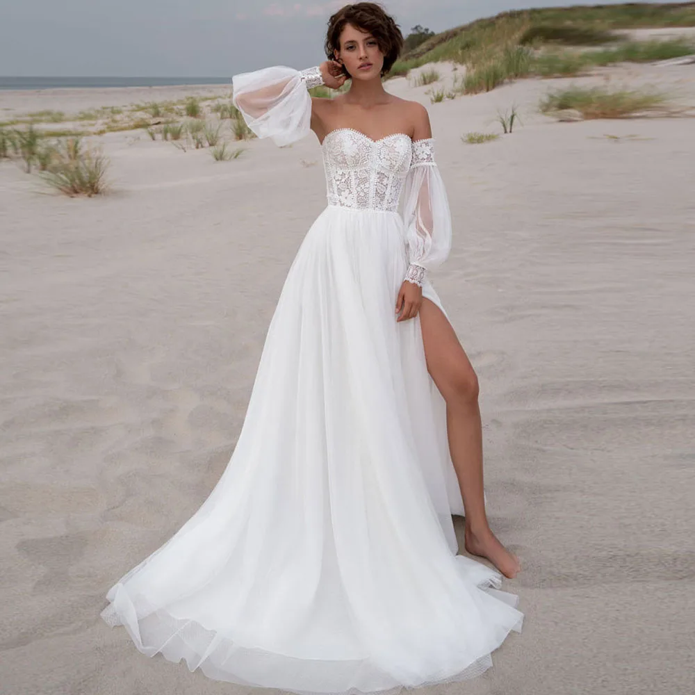 

Beach Puffy Sleeve Wedding Dresses for Women 2023 Side Split Sweep Train Sweetheart Bridal Gowns Lace Applique Vestido De Noiva