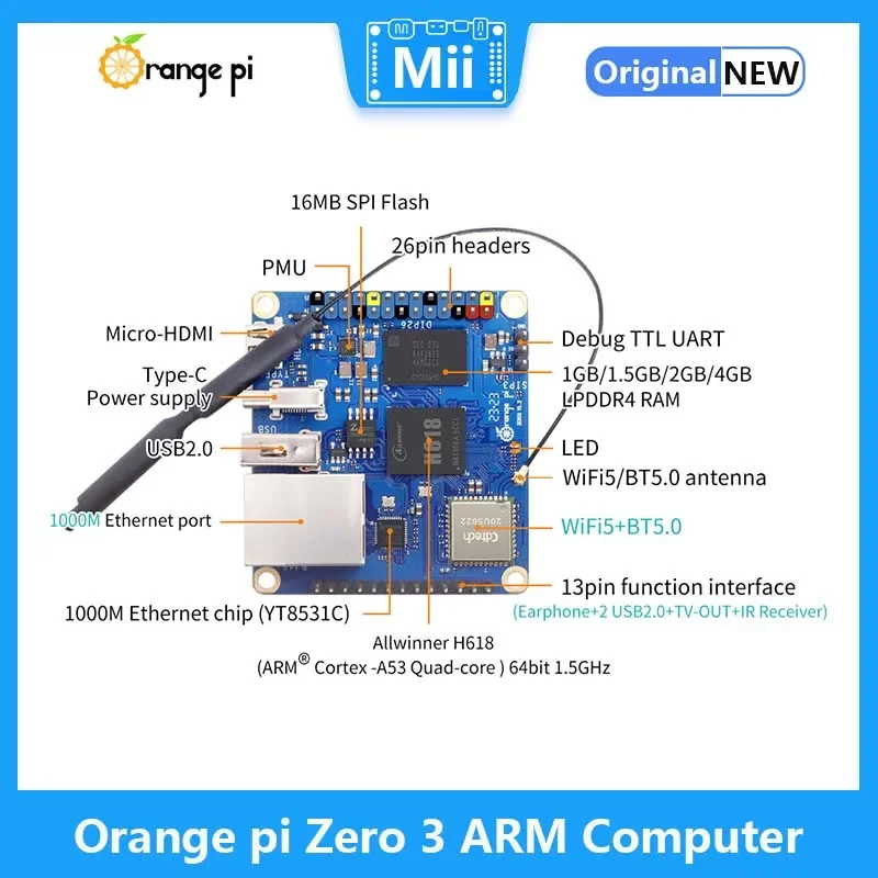 Плата разработки ARM Orange Pi Zero3 Allwinner H618 Cortex-A53 CPU 1G/1 5G/2G/4G LPDDR4 RAM Linux