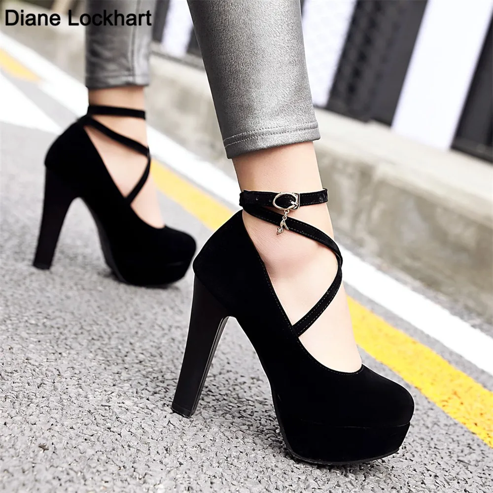 

2022 Shoes Woman Women Pumps Fashion Cross Belt Classic High Heels Shoes Platform Wedding Women Dress Shoes Size34-43 Black Blue