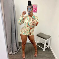 fashion sexy 2 piece set digital printing boutique women streetwear long sleeve crop top polo collar shirt and shorts suit