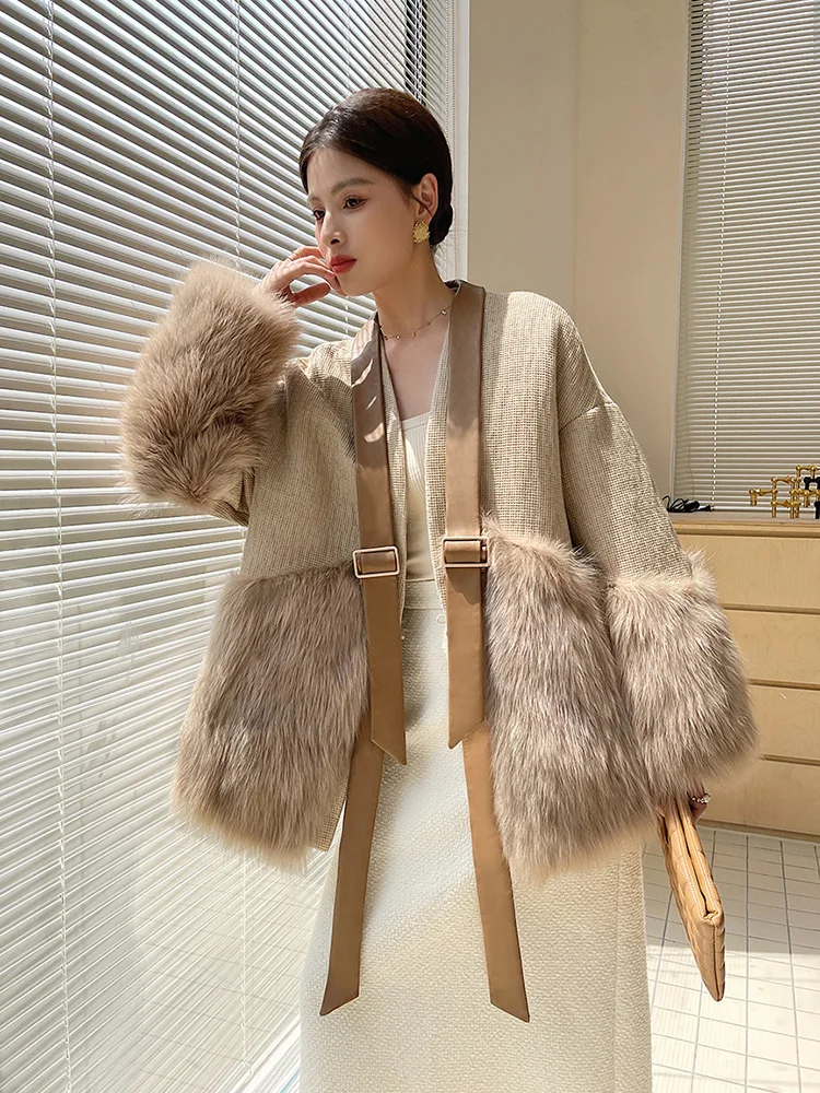 New Women Real Fur Coat Autumn Winter Vintage Elegant Thick Warm V-Neck Fox Fur Wool Blended Fur Jacket Loose Outerwear Female